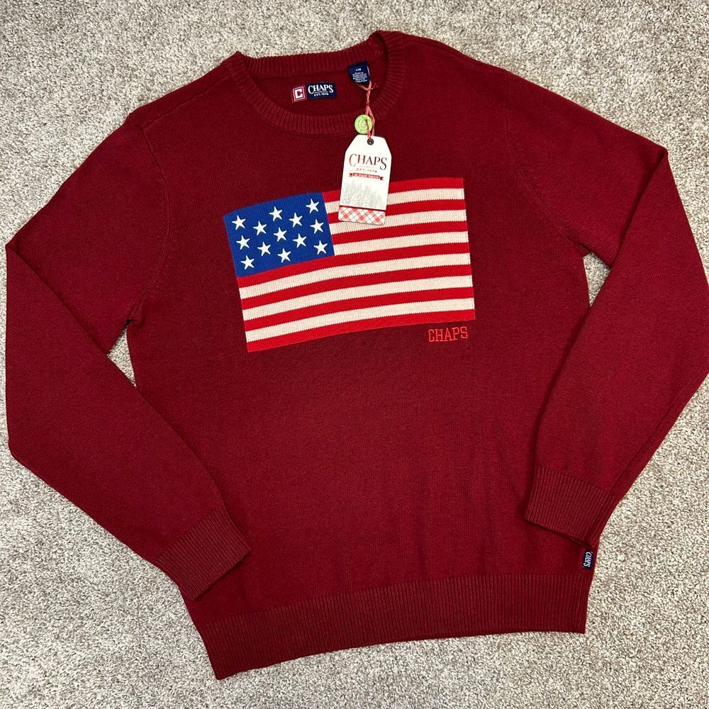 Chaps American Flag USA Sweater Men Size Large Crewneck Knit Rich Ruby NEW